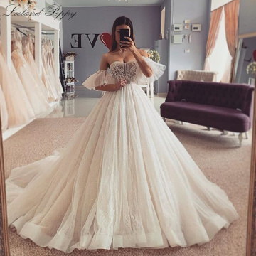 Lceland Poppy Elegant A-line Strapless Wedding Dresses 2020 Vestido de Noiva Flare Sleeves Floor Length Shiny Bridal Gowns