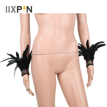 IIXPIN DIY Feather Wrist Cuffs Black Real Natural Dyed Rooster Feather Wrist Cuffs with Ribbon Ties for Game Party Halloween