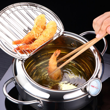 Kitchen Deep Frying Pot with a Thermometer and a Lid 304 Stainless Steel Kitchen Tempura Fryer Pan 20 24 cm Cooking Tools
