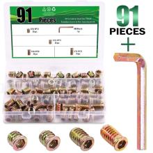 90Pcs 5/16"-18 Nut Inserts Assortment Kit with M8 Internal Hex Tool, Furniture Screw in Nut Threaded, Wood Inserts, Bolt Fastene