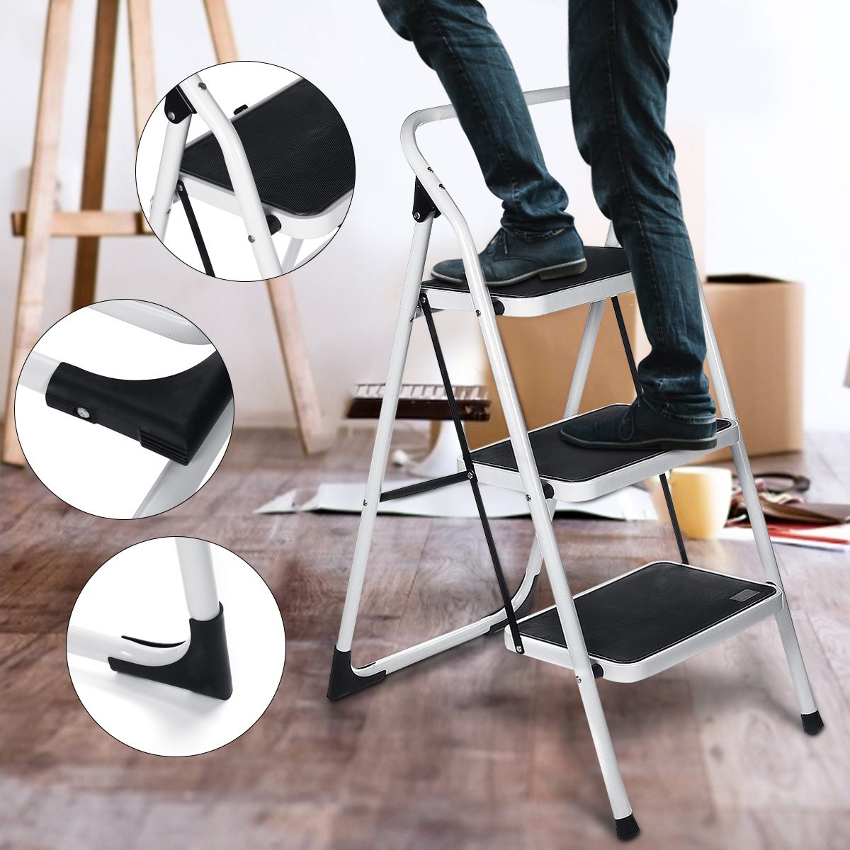 Foldable 3 Steps Ladder Iron Multi-functional Scaffold Platform Portable Step Stool Extension Ladder Tool 330LB/150KG Capacity