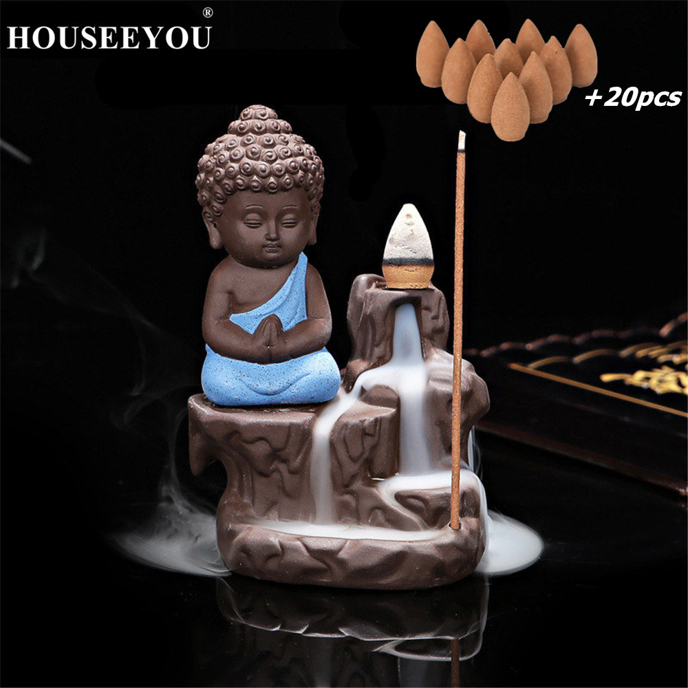 The Little Monk Censer Buddha Incense Holder Backflow Incense Burner +20PCS Waterfall Aroma Fragrance Cones Home Decor Stove