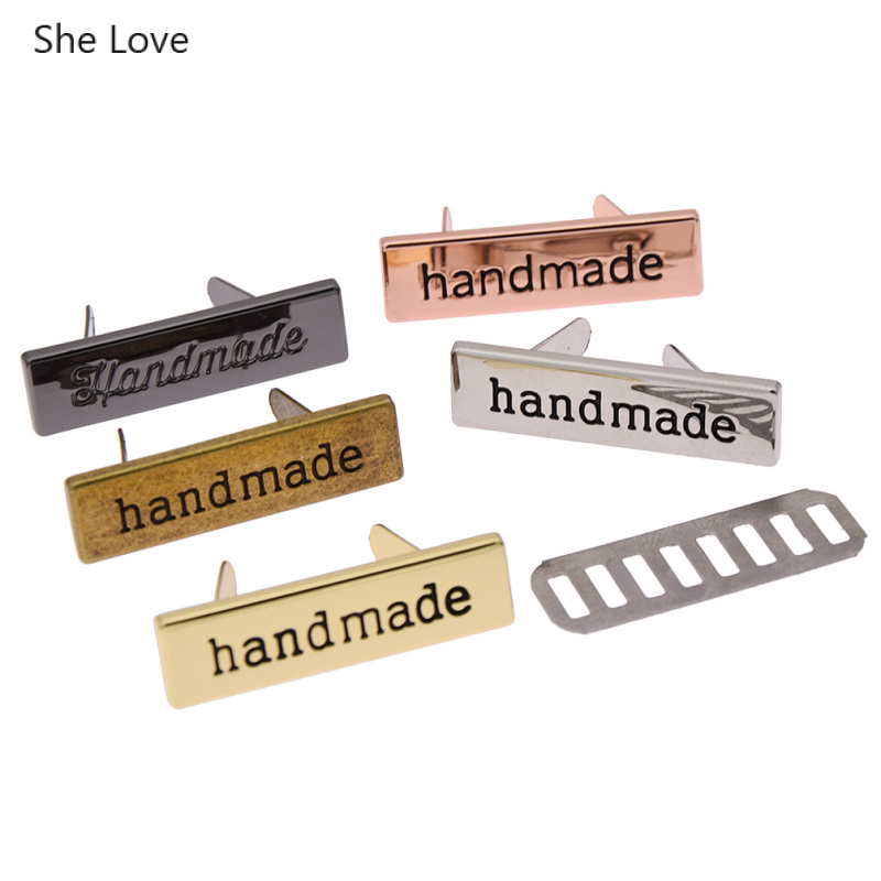 Chzimade 10Pcs Rose Gold Color Rectangle Metal Handmade Garment Labels Tags For Clothing Bags Hand Made Letter Sewing Labels