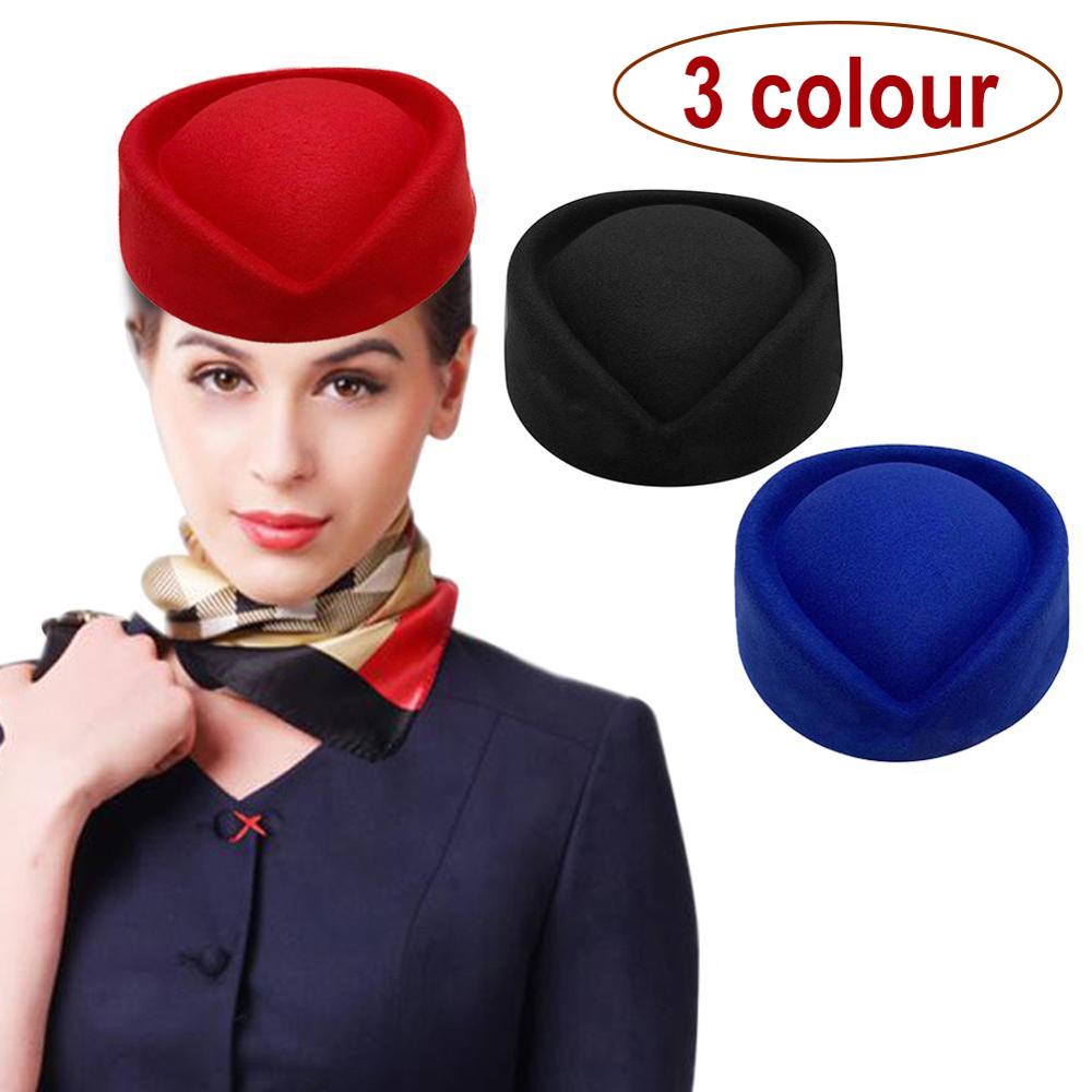 Women New Elegant Airline Stewardess Cadet Formal Uniform Hat Caps Accessory Wool Felt Pillbox Air Hostesses Beret Hat Base Cap