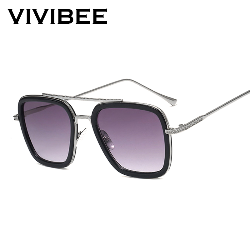 VIVIBEE 2020 Square Men Edith Sunglasses Vintage Tony Stark Silver Metal Frame Blue Lens Glasses Fashion Women Steampunk Eyewear