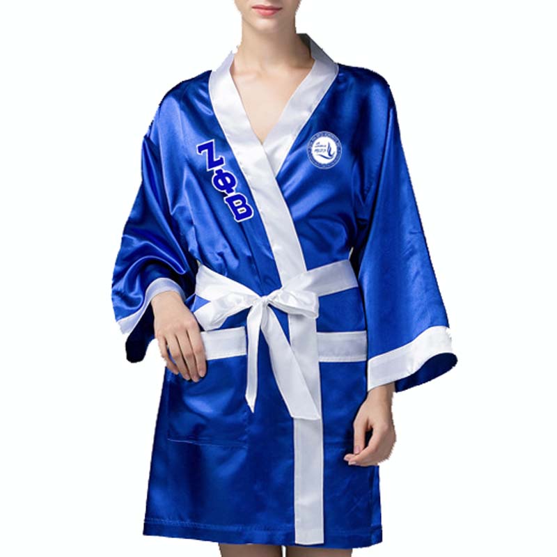 Custom Greek Letter Sorority White Blue Zeta PHI Beta Robe Sleepwear Silk Half Sleeve Nightwear Satin sorority Robe