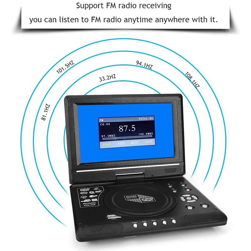 9.8 Inch Portable Home Car DVD Player Rotatable VCD CD Game TV Player Radio Adapter Support FM Radio Receiving-US Plug