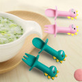 2Pcs/Set Baby Learn Spoon Fork Set Short Easy Spoon Cartoon Dinosaur Silicone Teether Toys Anti-slip Feeding Training Utensils