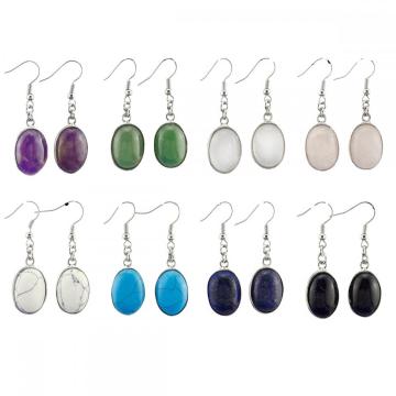 Natural Stone Oval Shape Dangle Earring Gemstone Crystal Hook Earrings Amethyst Quartz Hoop Charm Earring for Women Girl