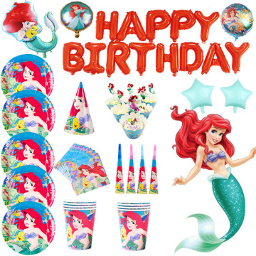 Cartoon Figure Mermaid Ariel Party Decoration Disney Princess Disposable tablewares Set Newborn Baby First Birthday Party Supply