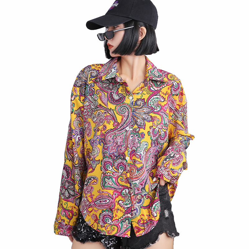 YOMING YM028 Fashion Official Shirt Cashew Nuts Print Blouses Tops Turn-down Collar Long Sleeve Buttons Style Blouse Streetwear