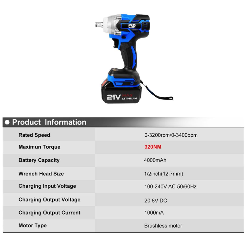 Brushless 21V Electric Wrench Cordless Screwdriver Impact Drill 320NM Tool Bag Variable Speed Rechargeable Drill By PROSTORMER