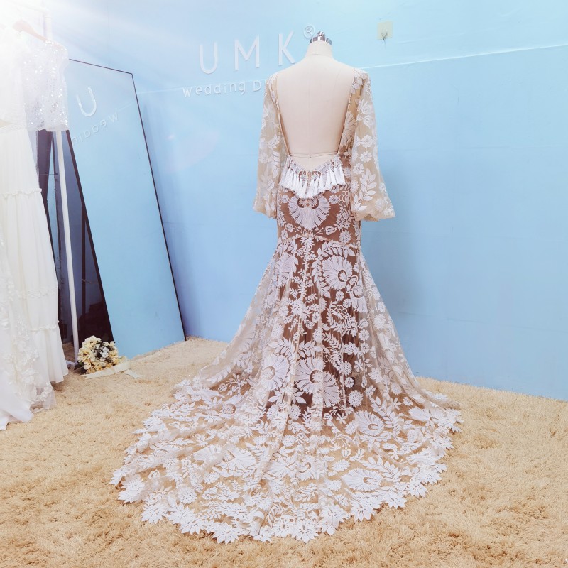 UMK Vestido de Noiva 2020 Vintage Boho Lace Wedding Dress Sexy Backless Long Lantern sleeve Beach Wedding Gowns