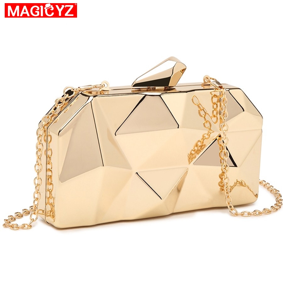 MAGICYZ Gold Acrylic Box Geometry Clutch Evening Bag Elegent Chain Women Handbag For Party Shoulder Bag For Wedding/Dating/Party