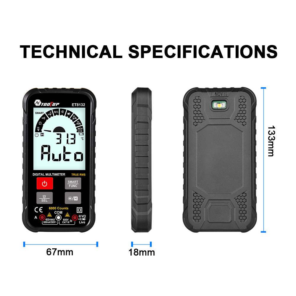 ET8132 LCD Digital Multimeter Voltmeter Ammeter AC DC Current Resistance Frequency Capacitance Meter True RMS 6000 Counts