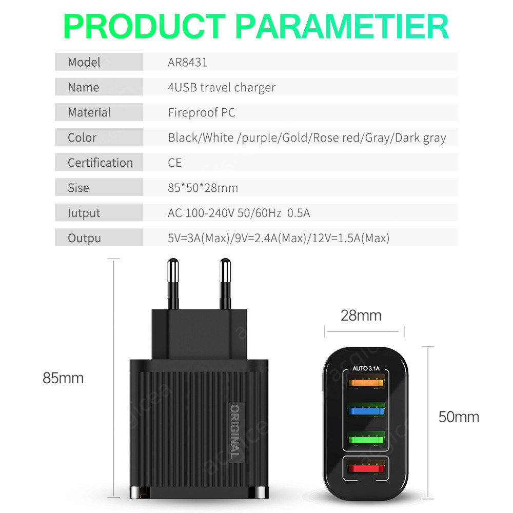 Mobile Phone Chargers 4 USB Charger Quick Charge 3.0 4.0 For Samsung Fast Charging For iPhone Huawei Wall Travel Charger Adapter