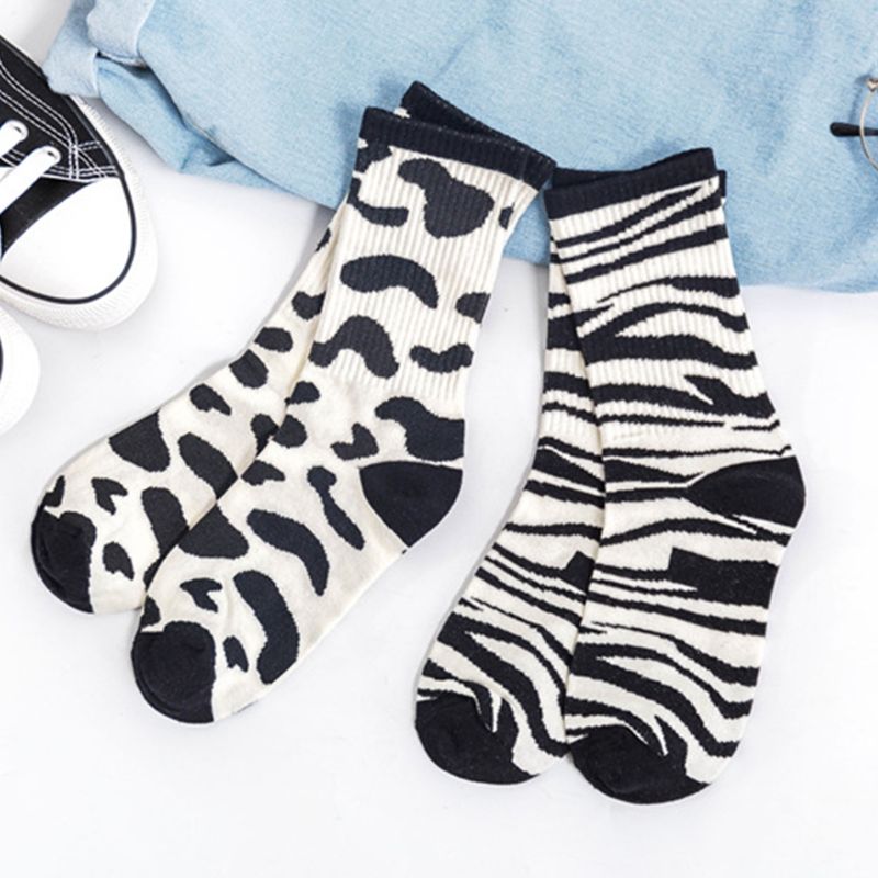 Japanese Women Girls Harajuku Animal Stripes Milk Cow Printed Crew Socks Ribbed Knitted Student Skateboard Sports Cotton Hosiery