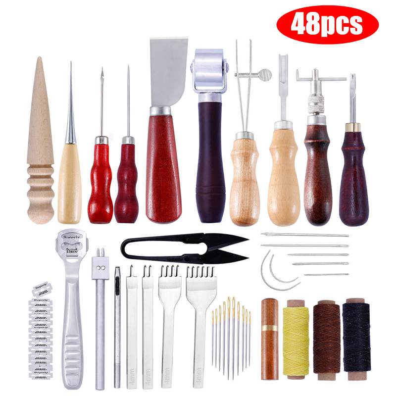 48 Pcs Professional Leather Craft Tools Kit Home Hand Sewing Stitching Punch Carving Work Saddle Leathercraft Accessories Set