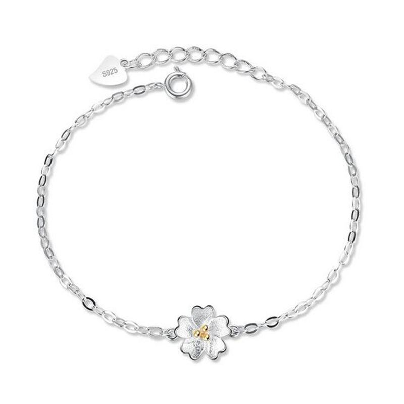 OMHXZJ Wholesale Simple Fashion Sweet Woman Girl Party Gift Golden Fresh Cherry Flower 925 Sterling Silver Bracelet Bangle SZ118