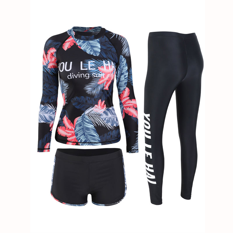 Female Basic Skins Upf 50+ Long Sleeve Rash Guard Shirt Shorts Leggings 3pcs set Full Surf Swim Dive Bathing Suits Tracksuit