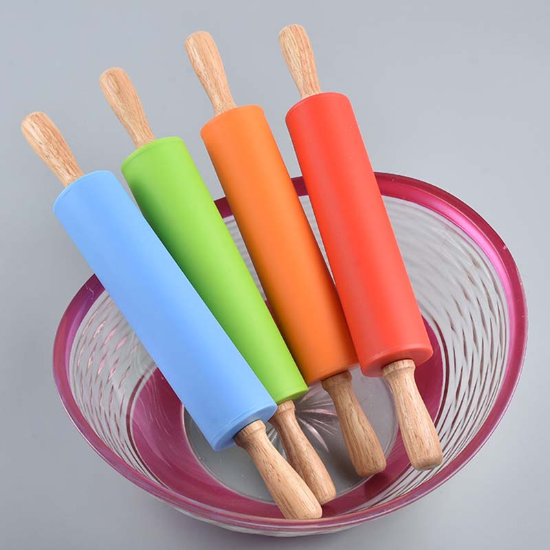 Non-Stick Wooden Handle Silicone Rolling Pin Pastry Dough Flour Roller Kitchen Baking Cooking Tools Household