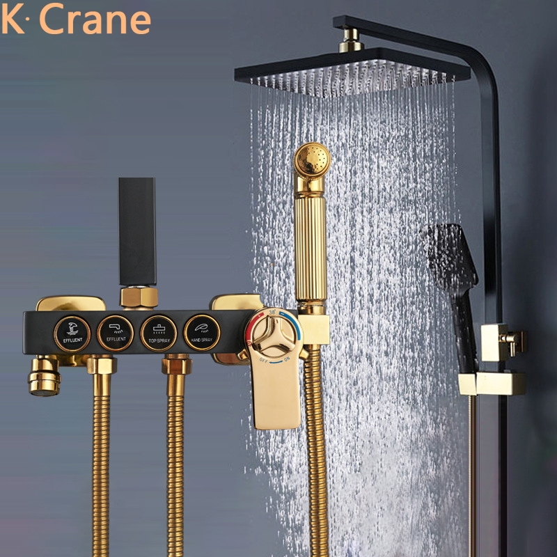 Black Thermostatic Shower System Bathroom Wall Mount SPA Rainfall Shower Set Hot Cold Mixer Bath Faucet Square Head Smart Grifo