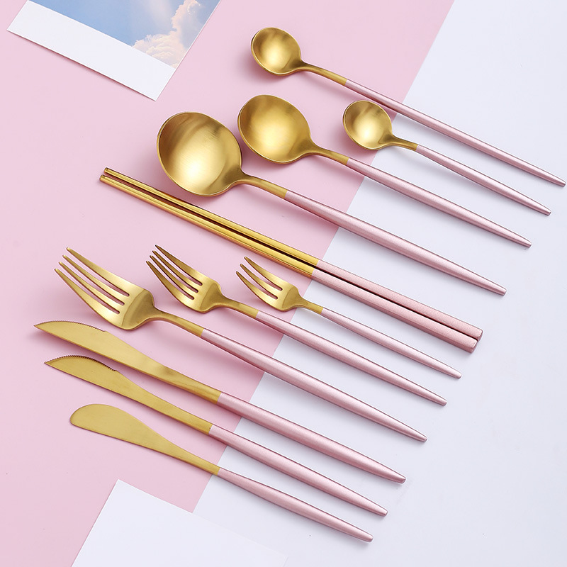 304 Stainless Steel Pink Gold Cutlery Set Dinnerware Dinner Knife Spoon Fork Chopsticks Dessert Tea Spoon Tableware Silverware
