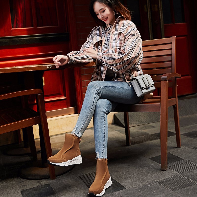 DLEK Ankle Snow Boots Women Solid Height Increasing Shoes Flock Khaki Black Metal Button Non-slip Wedges Female Boots