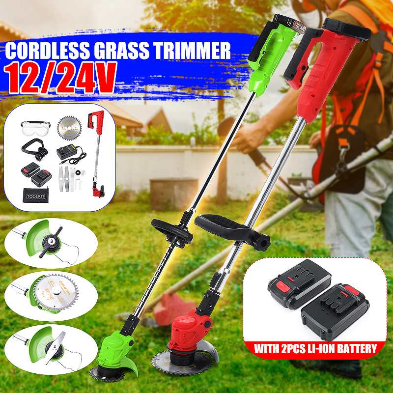 12V/24V Electric Grass Trimmer Cordless Lawn Mower Auto Release String Cutter Pruning Garden Tool With 2000mAh Li-ion Battery