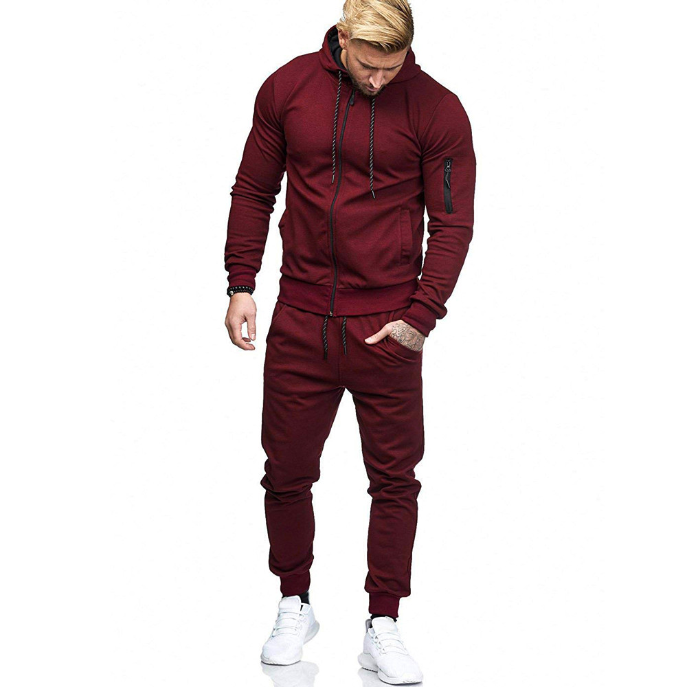 Men's Hooded Sportswear Suit Casual Autumn Patchwork Zipper Sweatshirt Top Pants Sets Sports running Men Slim Suit Tracksuit #40
