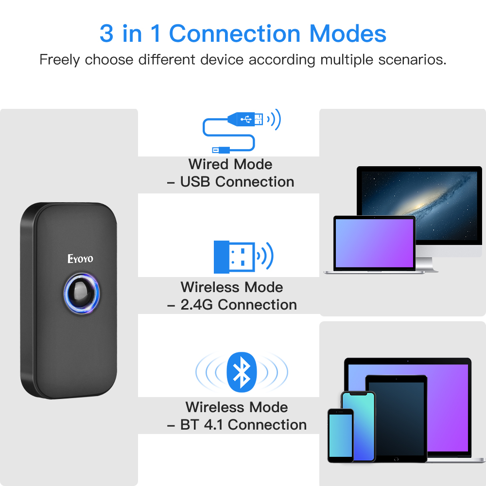 Eyoyo EY-009L Mini 3-in-1 Bluetooth USB Wired&Wireless 1D Barcode Scanner Portable Bar Code Reader for Windows Android iOS iPad