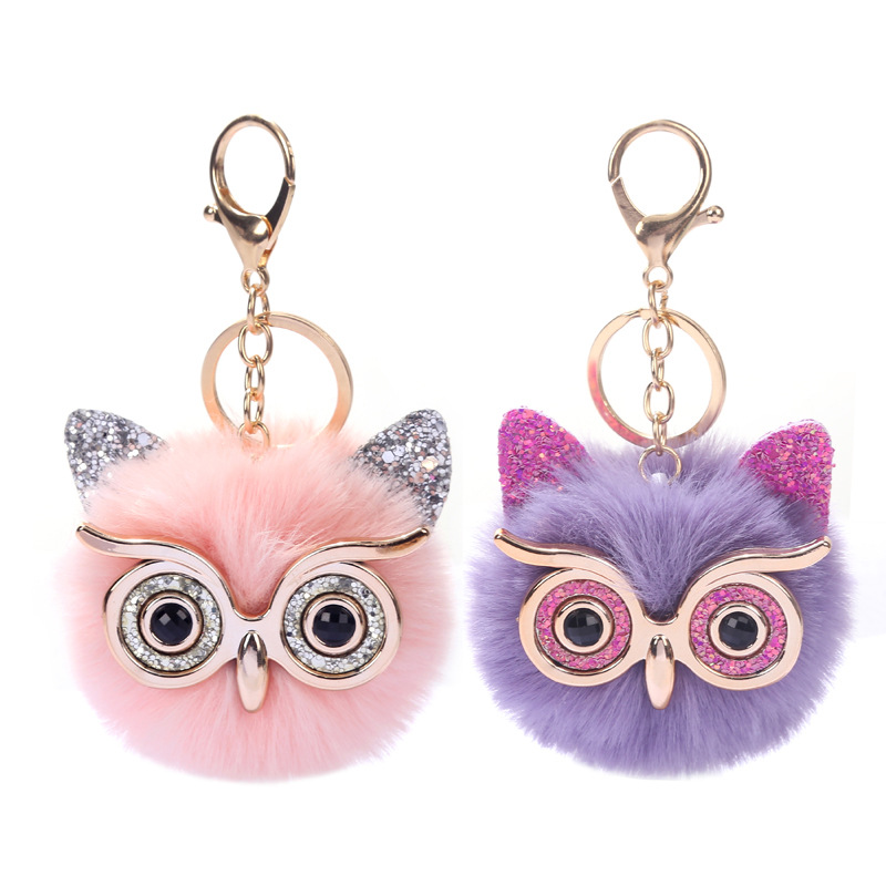 Lovely Sequin Ear Owl Keychains For Girls Boy Fluffy Fake Animal Fur Ball Pompon Key Chain Plush Keychains