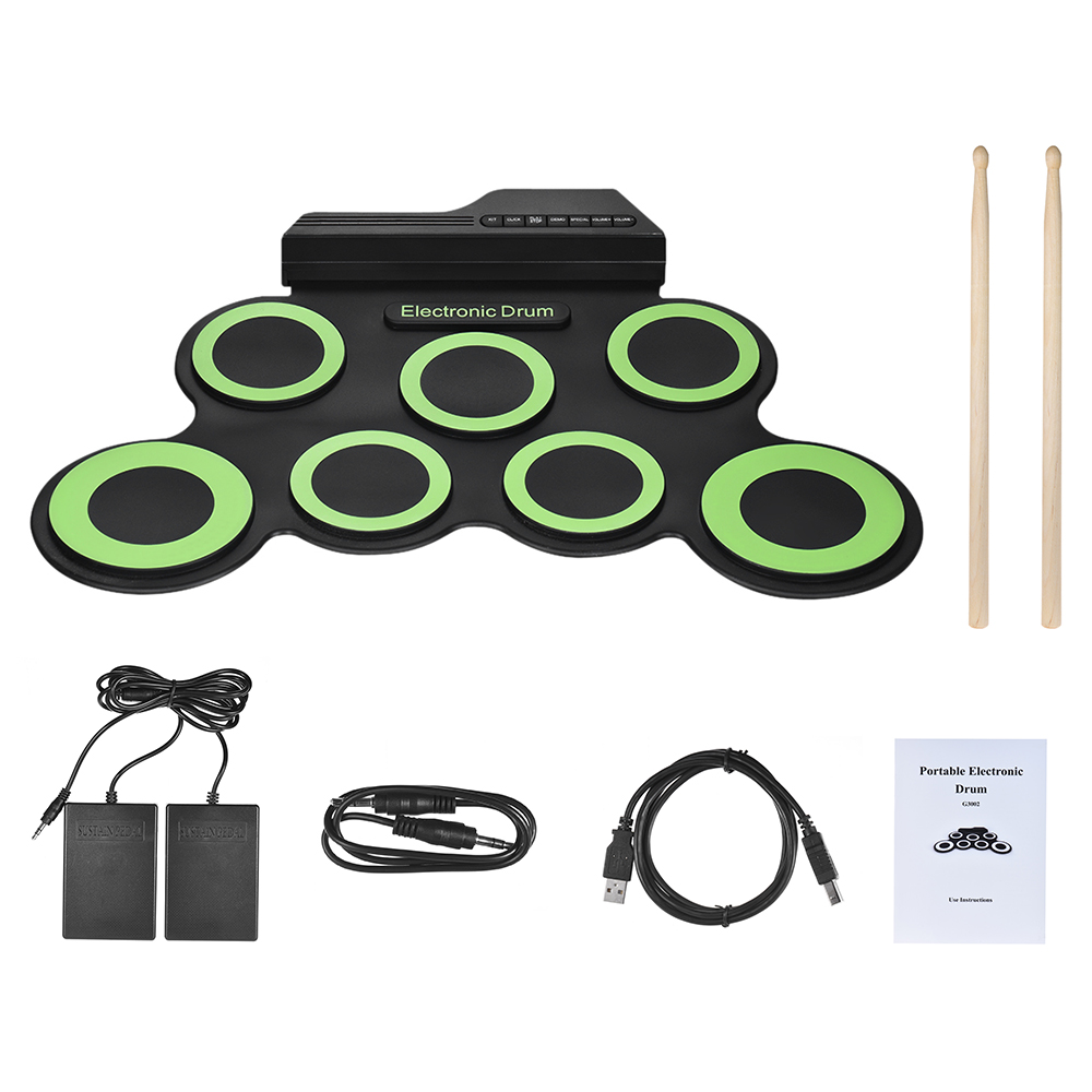 USB Roll-Up Silicon Drum Set Digital Electronic Drum Kit 7 Drum Pads with Drumsticks Foot Pedals for Beginners