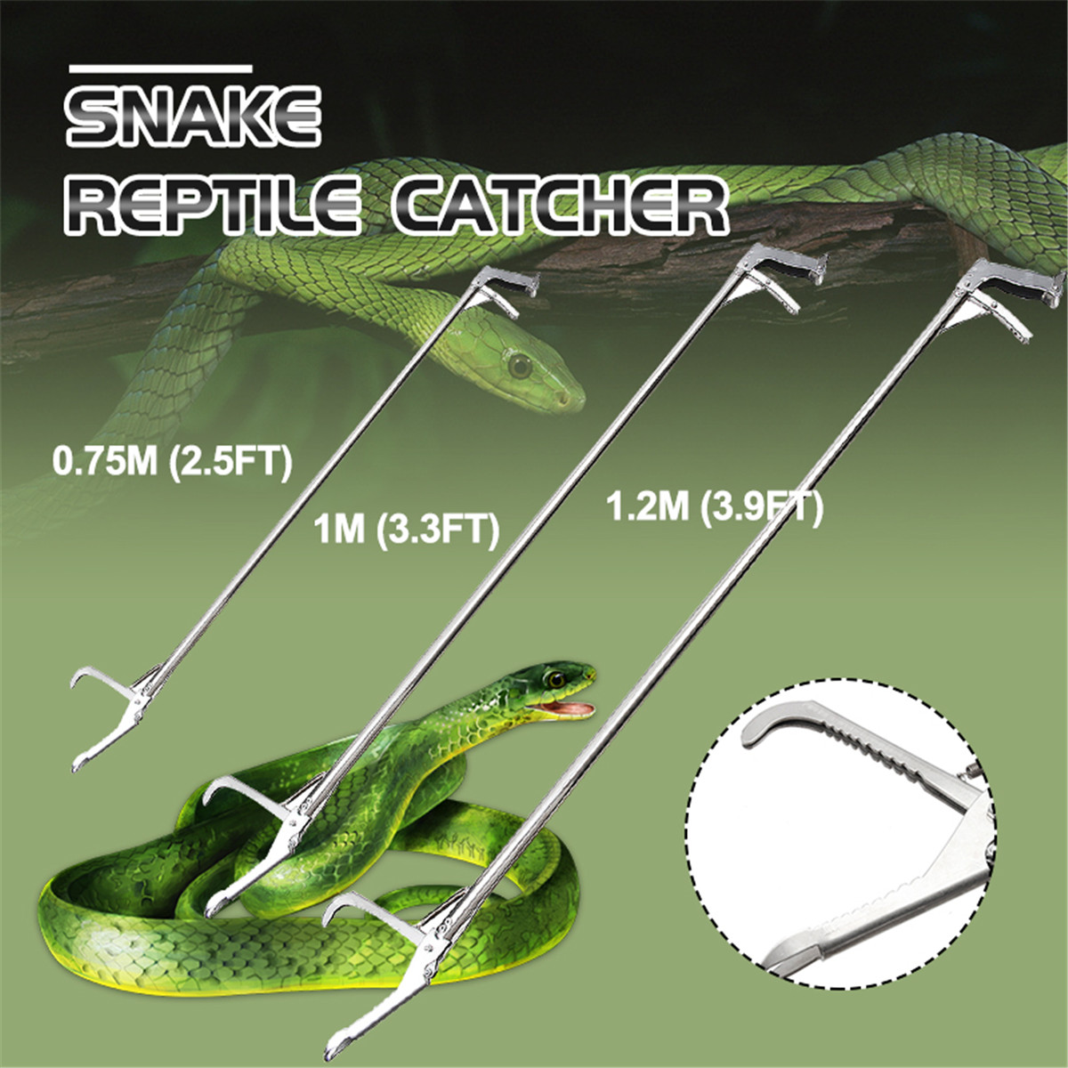 Quickly Reptile Snake Catcher Tongs Stick 120CM/100/75 Professional Stainless Steel Pest Control Product Grabber Wide Jaw Tool