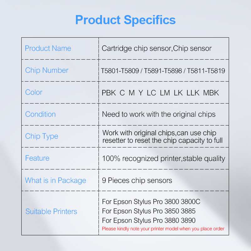 T5801-T5809 T5811-T5819 T5891-T5899 Ink Cartridge Chip Sensor For Epson Stylus Pro 3800 3850 3885 3880 3890 Printer 9Colors/Set