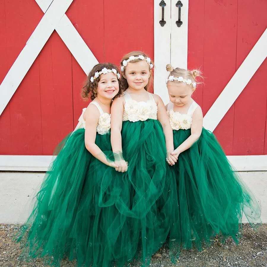 Girls Vintage Green Flower Tutu Dress Kids Tulle Dress Long Ball Gown with Ribbon Straps Children Birthday Party Costume Dresses