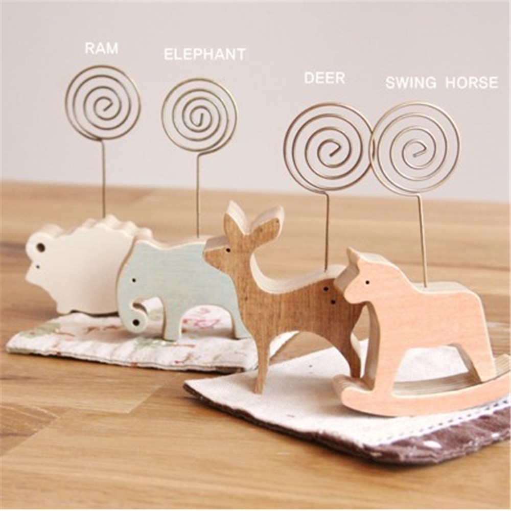 1pc Wood Stand Card Holder Ram Elephant Horse Deer Desktop Photo Memo Note Clip Kawaii Stationery Tickets Letter Paper Holders