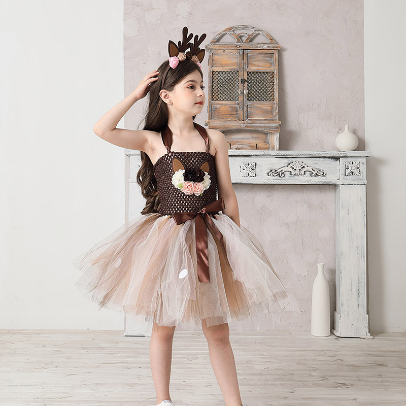 Deer Costume Girls Halloween Christmas Fancy Dress Flower Reindeer Bambi Kids Tutu Dress with Headband Children New Year Clothes (10)