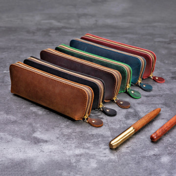 Genuine Leather School Pencil Case Korean Cartridge Penal Crazy Horse Pen Box Vintage Kid Pencilcase Stationery Kit Supplies Bag