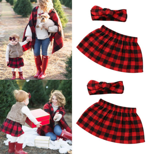 FOCUSNORM Sweet Christmas Infant Baby Girl Xmas Plaid Skirts Headband Cotton Outfit Clothes
