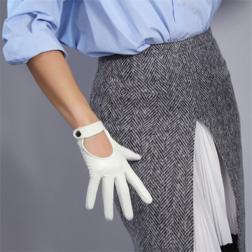 Touchscreen White Genuine Leather Gloves 19cm Pure Sheepskin Locomotive Hand Back Short Style Snap Button Silk Lining WZP03