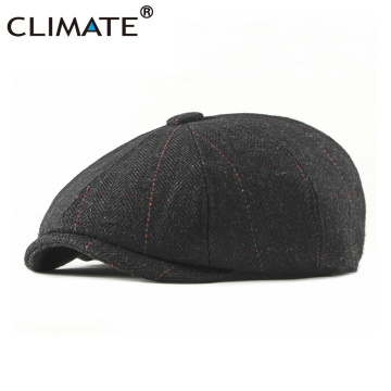 CLIMATE Vintage Men Winter Flat Cap Beret Warm Men Hat Thicken Retro Woolen Plaid Grid Warm Tweed Newsboy Style Cap Hat