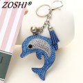 Hot Pretty Chic Blue dolphin leather tassle Keychains Crystal Bag Pendant Key ring Key chains Christmas Gift Jewelry Llaveros