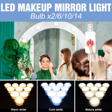 Three Color Makeup Mirror Lamp LED Dressing Table Light Bulb USB Touch Dimming Makeup Vanity Lights 2 6 10 14 Bulbs For Bathroom