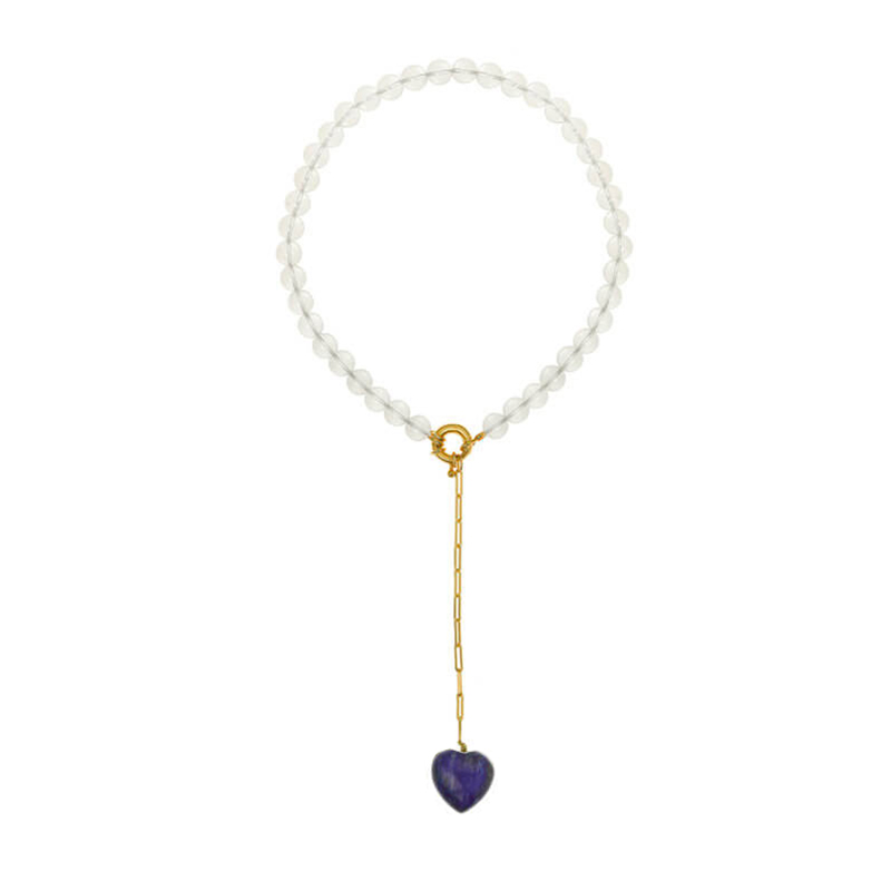 halskette PEARLY CRYSTAL BEADS fresh water pearl NECKLACE WITH LAPIS LAZULI HEART pendant necklace women Quartz beads necklace