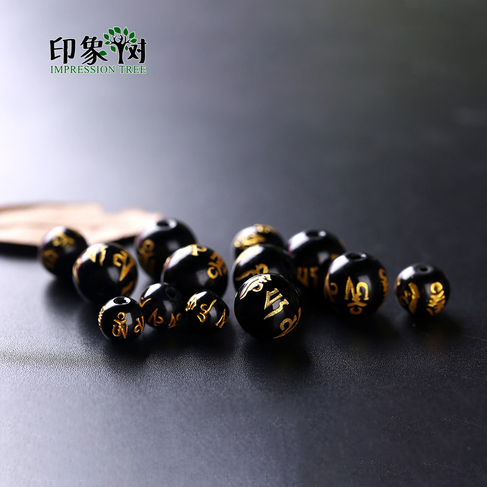 Pick Size 8/10/12/mm Black Crystal Buddhism Golden Om Mani Padme Hum Mantra Bead For Necklace Bracelet DIY Jewelry Makings 2952