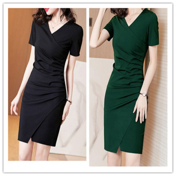 Summer Women Split Folds Short Sleeve V-neck A-line Black Dark Green Simple Elegant Plus Size Holiday Cocktail Dresses 9629