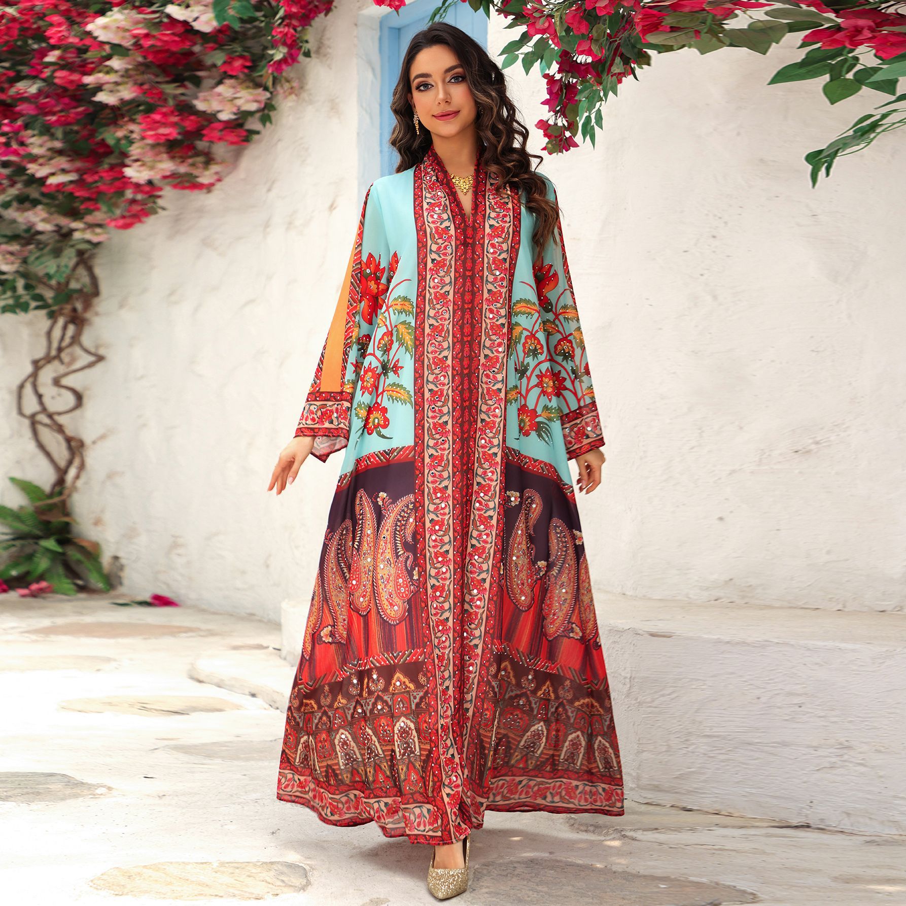 Plus Size Colorful Printed Rhinestone Chiffon Maxi Dress