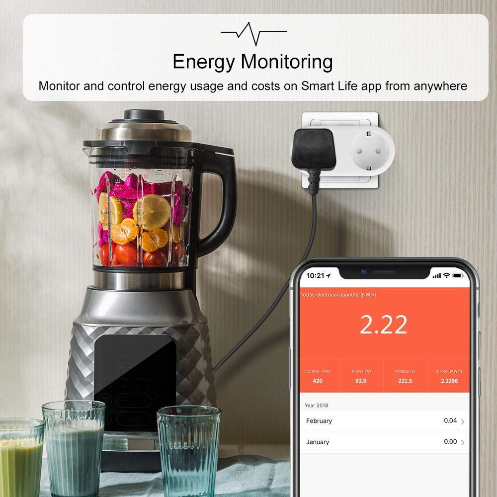 Smart Life WiFi Socket 2 Plug Energy Monitoring Individual Control Wireless APP Control Alexa Compatible EU Smart Plug Timer