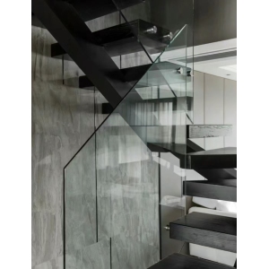 all black interior straight beam staircase
